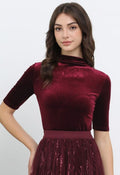 Mock Neck Elbow Sleeve Velvet Fitted Top in Burgundy