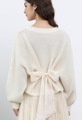 Back Bow Detail Puff Sleeve Waffle Knit Sweater in Ivory