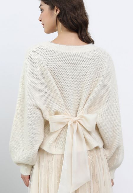 Back Bow Detail Puff Sleeve Waffle Knit Sweater in Ivory