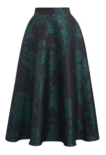 Couture Mystery Floral Embossed Jacquard Maxi Skirt in Dark Green