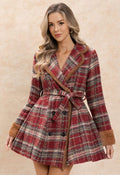 Red Plaid Faux Fur Trim Tie-Waist Double-Breasted Coat