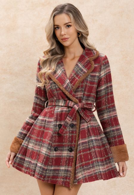 Red Plaid Faux Fur Trim Tie-Waist Double-Breasted Coat