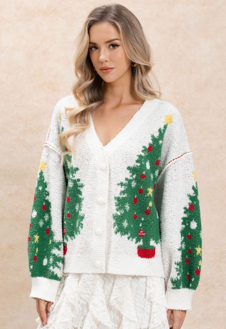 Fairytale Christmas Tree Jacquard Buttoned Knit Cardigan