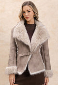 Wide-Lapel Faux Suede and Fur Belted Coat in Taupe