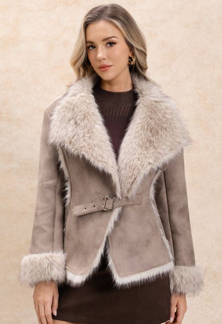 Wide-Lapel Faux Suede and Fur Belted Coat in Taupe