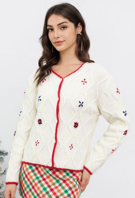 Contrast Edge Floral Stitch Wavy Knit Cardigan