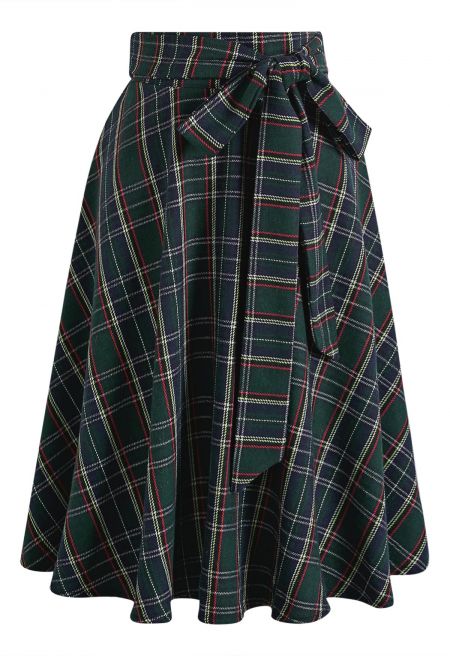 Green Tartan Tie-Waist A-Line Midi Skirt