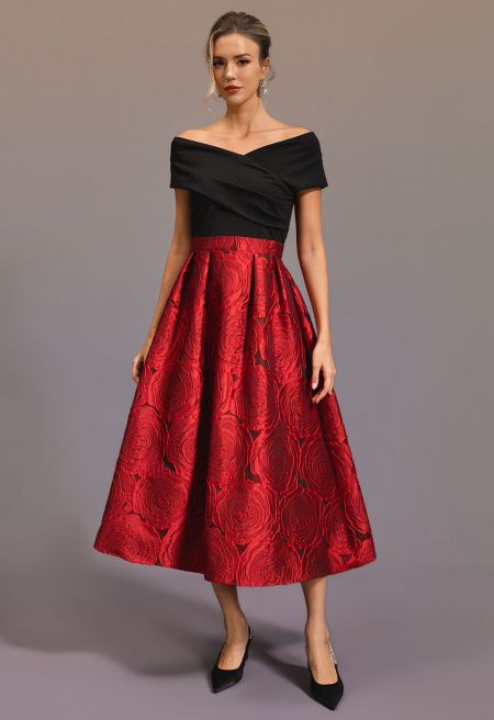 Cross Off-Shoulder Rose Embossed Jacquard Dress in Red