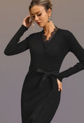 Faux Wrap Panel Lace Trim Tie Sash Knit Dress in Black