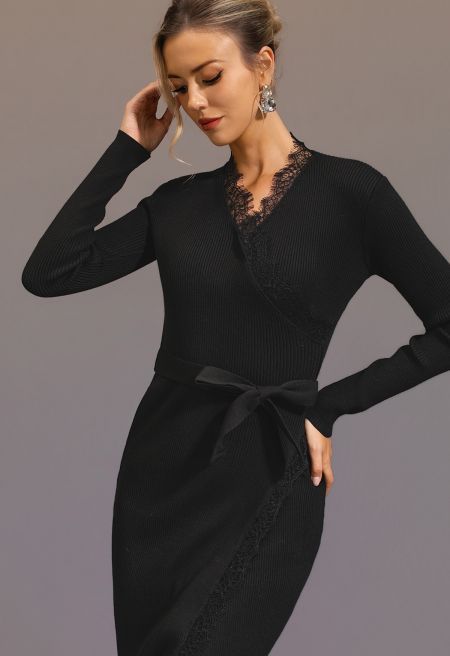 Faux Wrap Panel Lace Trim Tie Sash Knit Dress in Black
