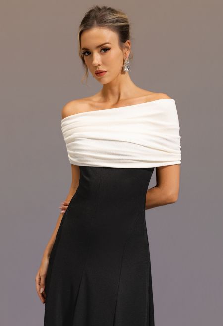 Contrast Color Folded Off-Shoulder Maxi Dress