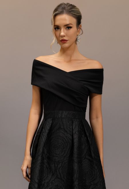 Cross Off-Shoulder Rose Embossed Jacquard Dress in Black