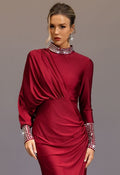 Square Rhinestone Asymmetric Draped Sleeve Maxi Dress in Red