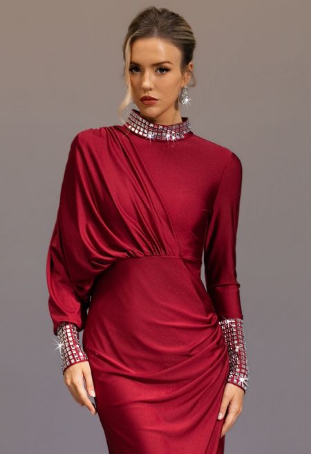 Square Rhinestone Asymmetric Draped Sleeve Maxi Dress in Red