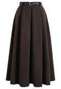 Effortlessly Polished Pleated Belt Skirt in Brown