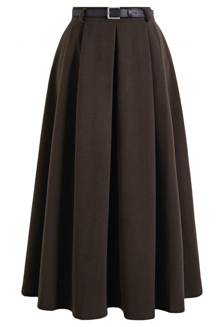 Effortlessly Polished Pleated Belt Skirt in Brown