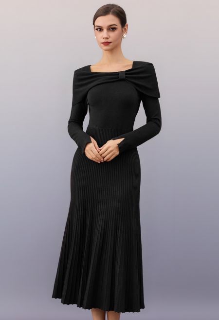 Knot Detail Cape Overlay Knit Dress in Black