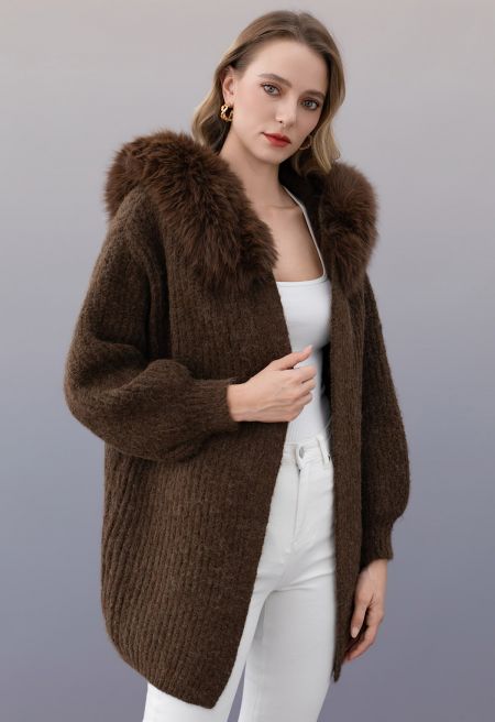 Open Front Faux Fur Hooded Longline Knit Coat in Chocolate