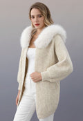 Open Front Faux Fur Hooded Longline Knit Coat in Oatmeal
