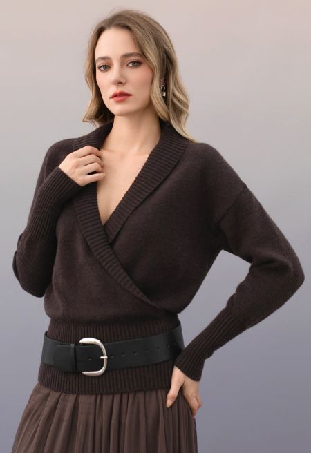 Shawl Collar Faux Wrap Belt Knit Sweater in Brown