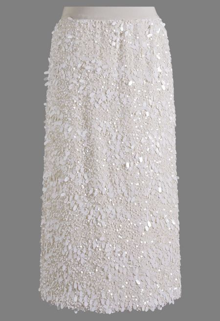 Teardrop Sequin Velvet Pencil Midi Skirt in Cream