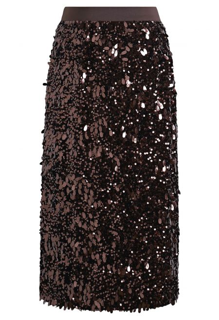 Teardrop Sequin Velvet Pencil Midi Skirt in Chocolate