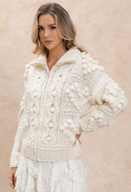 Heart Pom-Pom Double Zipper Hand Knit Cardigan in Cream