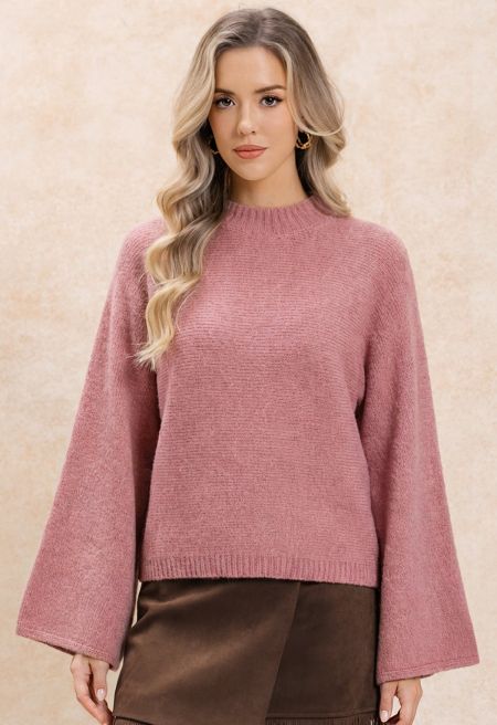 Steady Softness Mock Neck Batwing Sleeve Knit Sweater in Pink