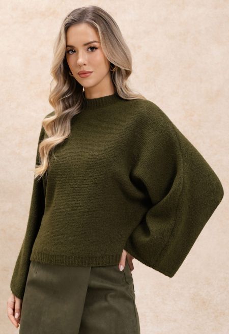 Steady Softness Mock Neck Batwing Sleeve Knit Sweater in Army Green