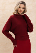 Side Buttons Decorated Drape Neckline Knit Sweater in Red
