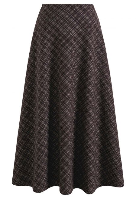 Vintage-Inspired Check Pattern Flare Skirt in Brown
