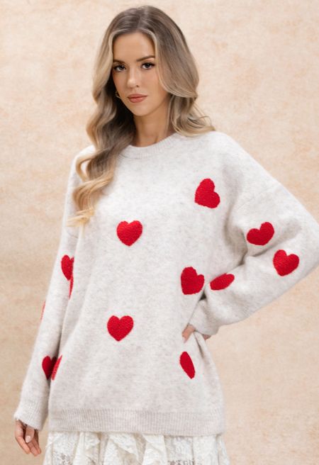 Baggy Fuzzy Hearts Knit Sweater in Ivory