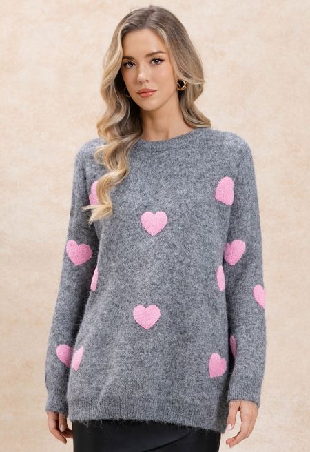 Baggy Fuzzy Hearts Knit Sweater in Grey