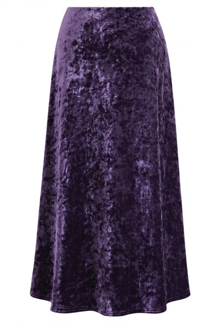Lustrous-Textured Velvet A-Line Fleeced Skirt in Purple