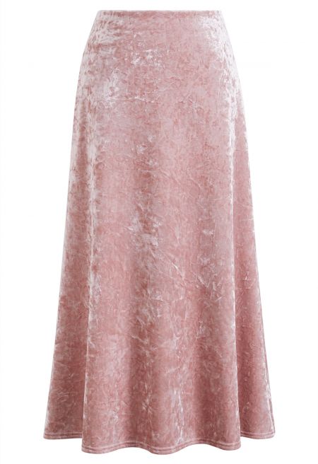 Lustrous-Textured Velvet A-Line Fleeced Skirt in Pink