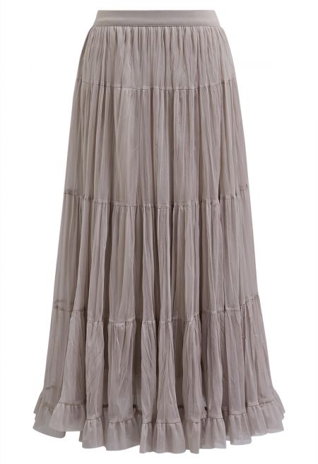 Reversible Gathered Pleats Tiered Tulle Maxi Skirt in Taupe