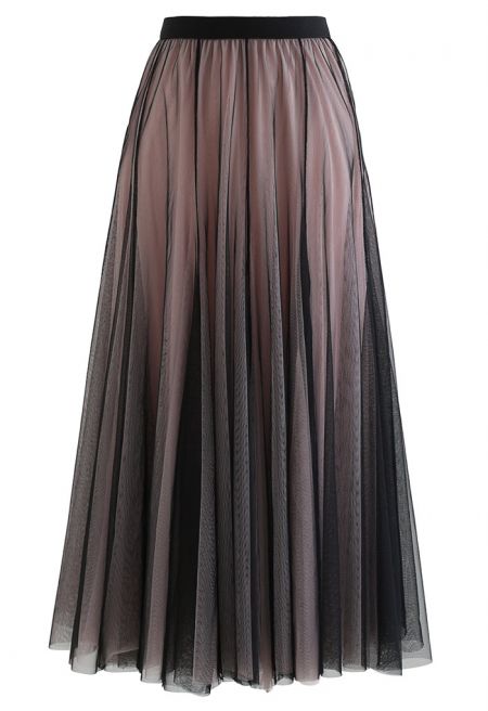 Mixture Color Panelled Tulle Maxi Skirt in Black