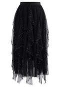 Scattered Bead Decor Pleated Tulle Skirt in Black