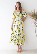 Off-Shoulder Bowknot Crop Top and Flare Skirt Set in Lemon Print