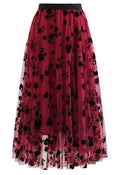 3D Posy Double-Layered Mesh Midi Skirt in Red
