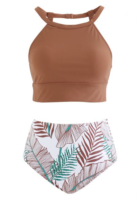 Botanical Halter Neck Bikini Set in Rust Red