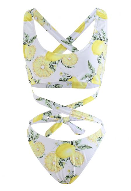 Lemon Print Cross Tie-Waist Bikini Set