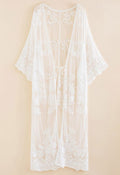 Floral Embroidery Self-Tie Front Kimono in White
