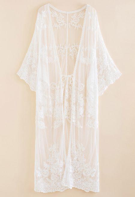 Floral Embroidery Self-Tie Front Kimono in White