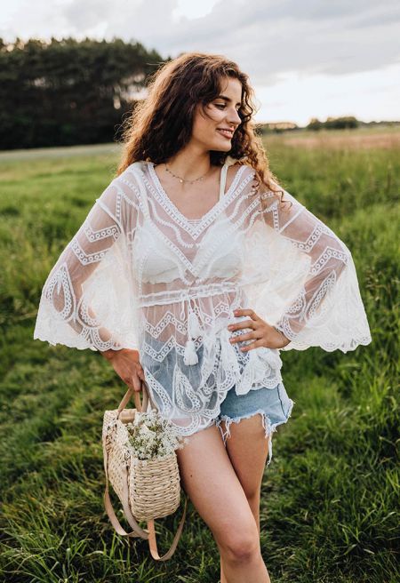 Geometric Embroidered Tassel Drawstring Cover Up