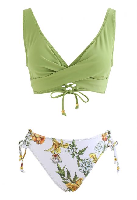 Front Cross Lace Up Bikini Set in Pistachio