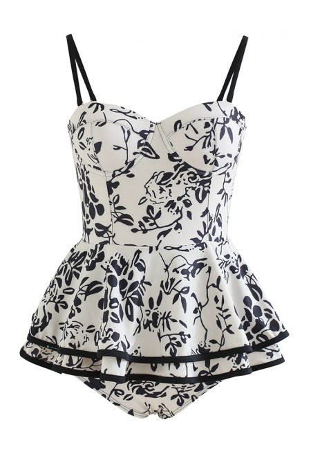 Bustier Inky Branch Tiered Hem Swim Dress