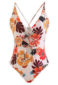 Front and Back Lace-Up Orange Floral Swimsuit