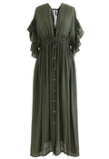 Ruffle Sleeves Deep V-Neck Cover Up in Army Green