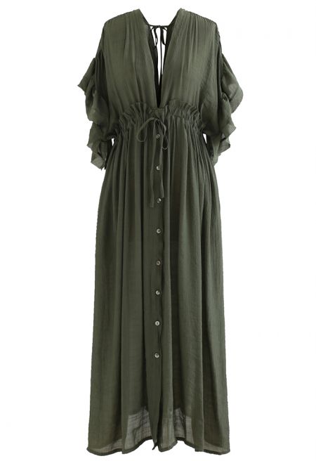 Ruffle Sleeves Deep V-Neck Cover Up in Army Green
